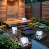 White cube lights along stepping stones leading to a modern front door
