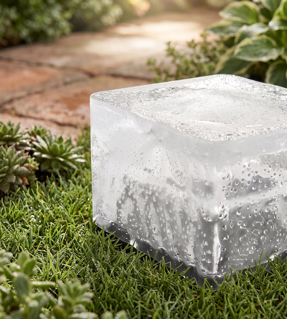 Single frosted glass cube light sitting on grass beside a stone path