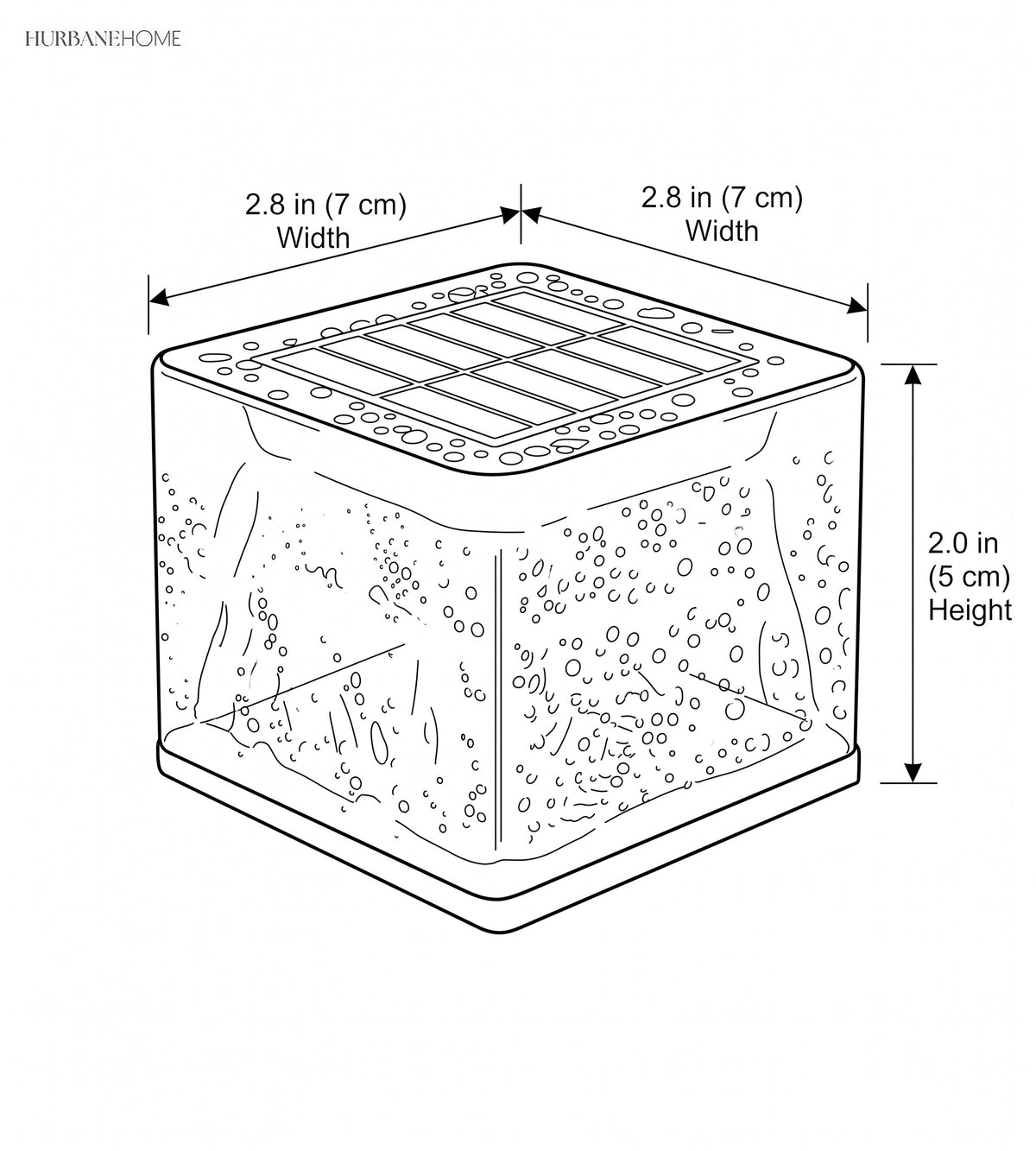 Line drawing of the cube light marked 2.8 inches wide, 2.8 inches deep and 2 inches high