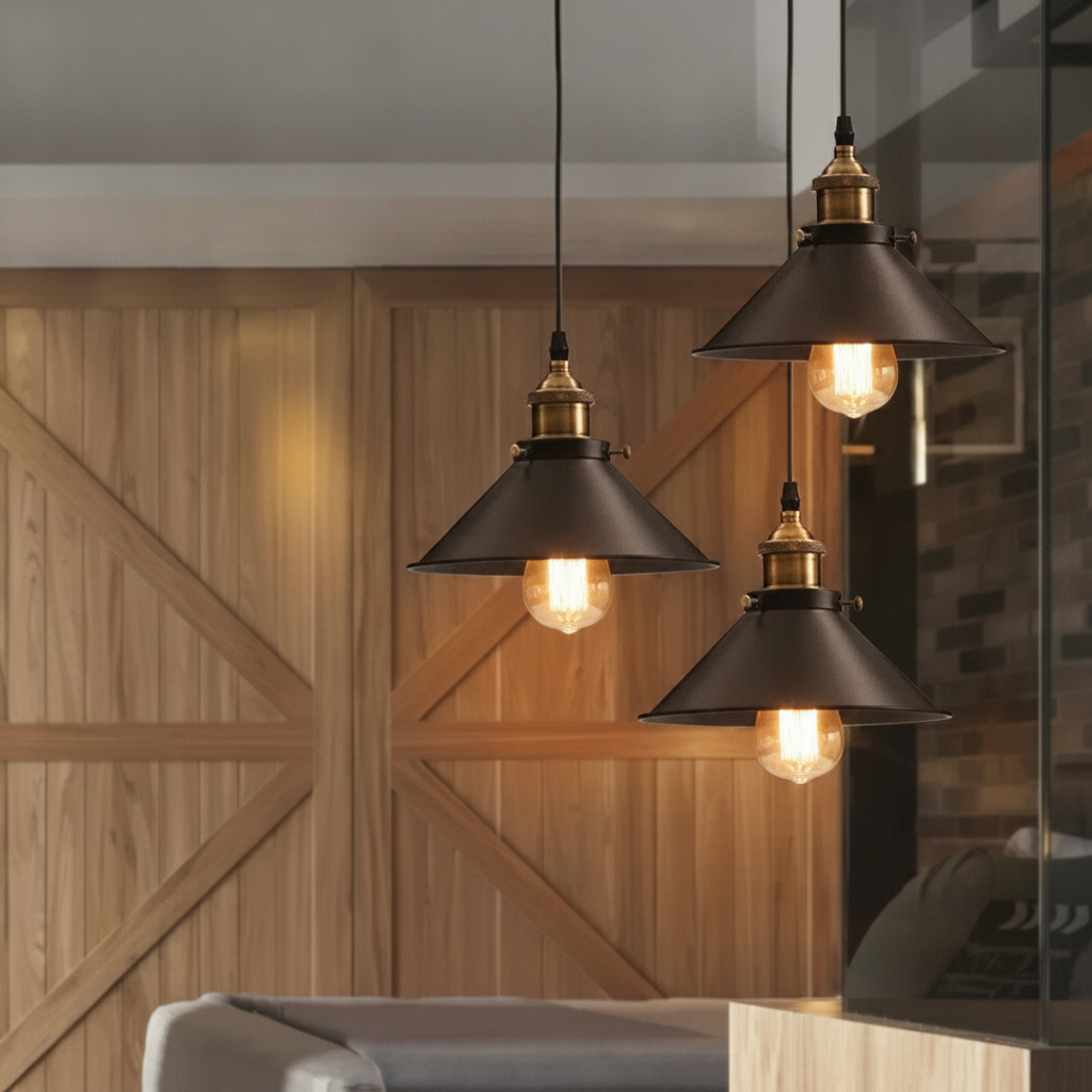 Three cone pendants lit in front of a wooden barn style door