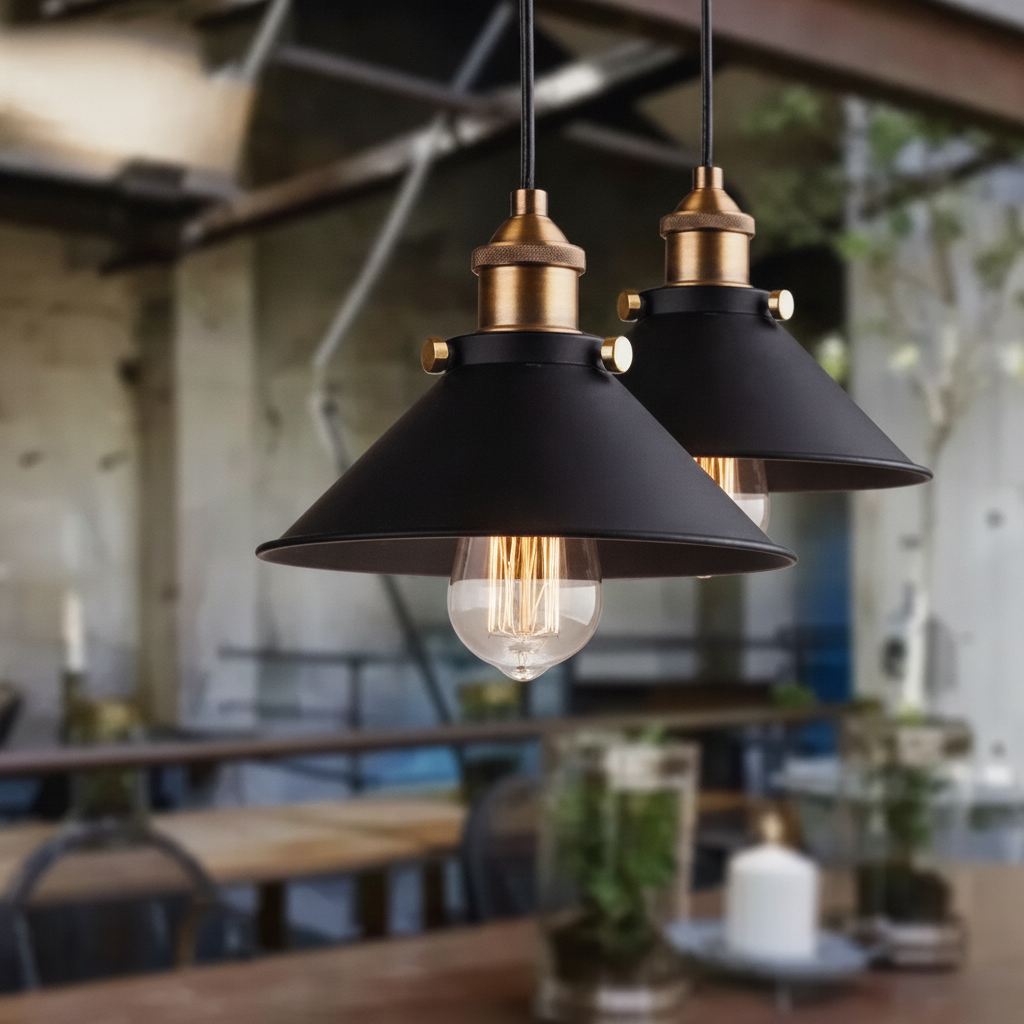 Cluster of cone pendants lit above a live edge wooden table