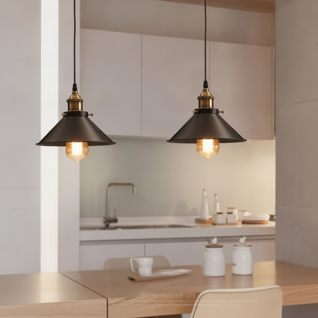 Two black pendants hung above a pale kitchen island and stools