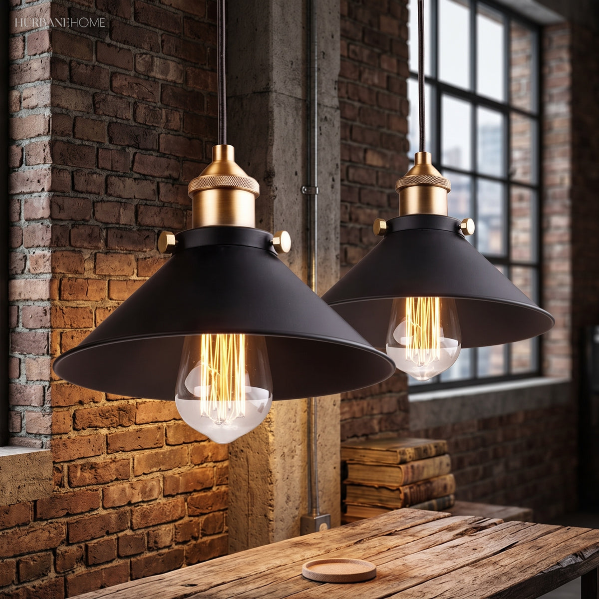 Pair of cone pendants glowing against exposed red brick and timber