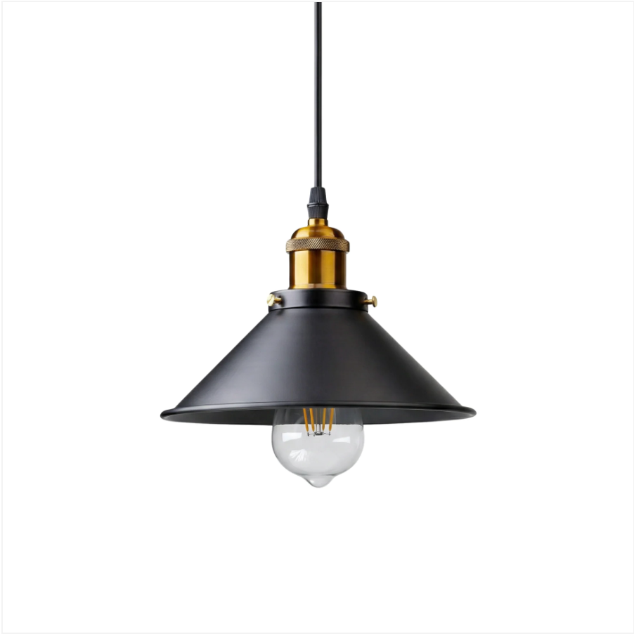 Single black cone pendant on a plain white studio background