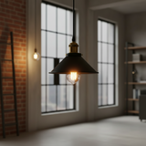 Industrial Cone Pendant Light in Black with a Gold Cap