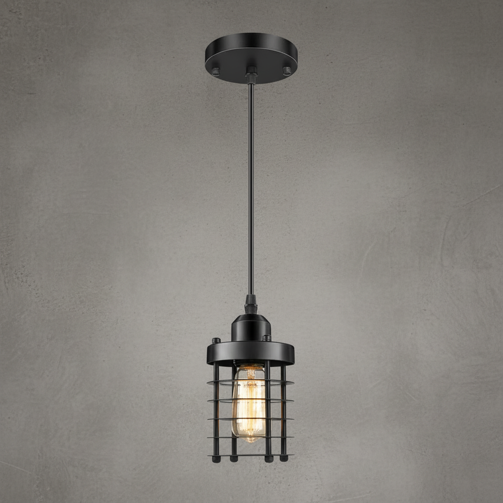 Industrial pendant light with black iron cage main view