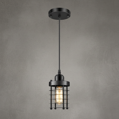 Industrial pendant light with black iron cage main view