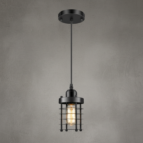 Industrial pendant light with black iron cage main view