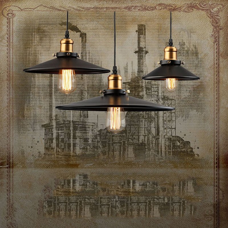 Illustrated poster of three cone pendants against a sepia factory scene
