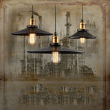 Illustrated poster of three cone pendants against a sepia factory scene