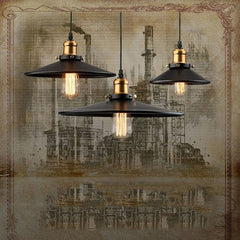 Illustrated poster of three cone pendants against a sepia factory scene