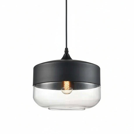 Clear glass drum shade with a black metal cap on white