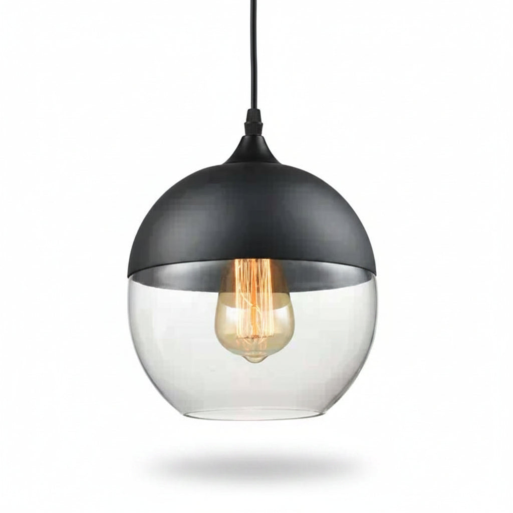 Clear glass globe shade with a black cap on a grey background
