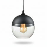 Clear glass globe shade with a black cap on a grey background