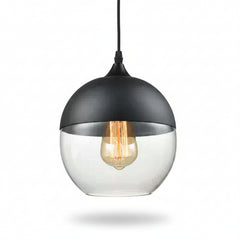 Clear glass globe shade with a black cap on a grey background