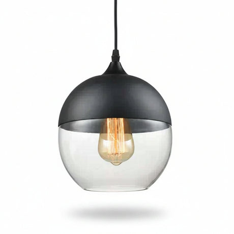 Clear glass globe shade with a black cap on a grey background