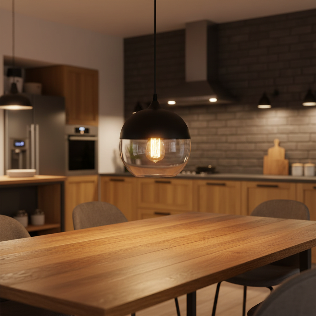 Industrial Glass Pendant Light Black Metal Cap for Kitchen Islands
