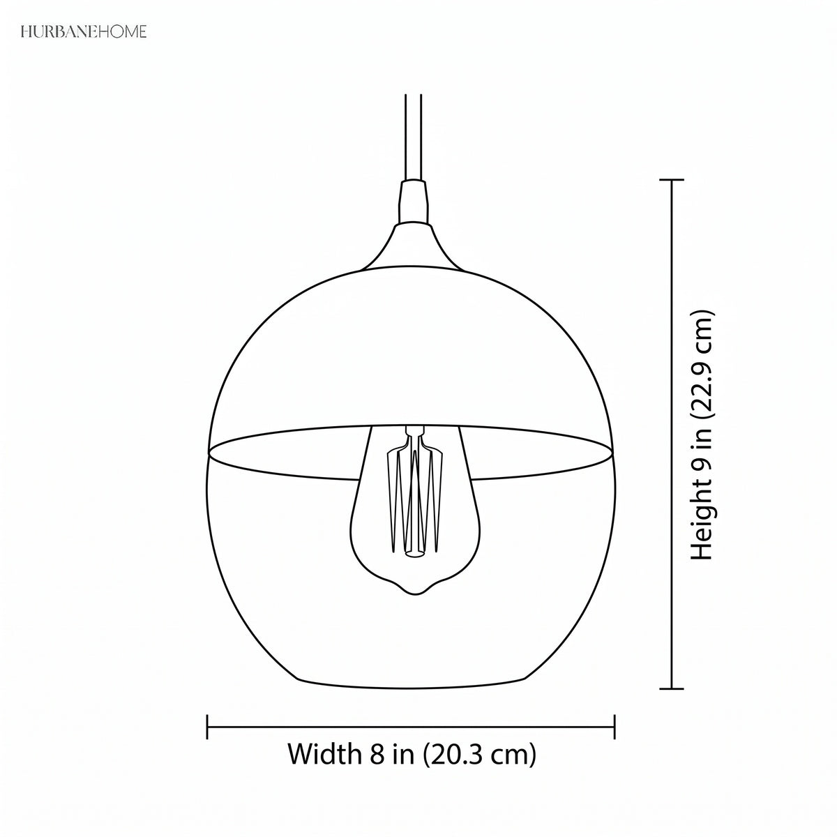 Line drawing of the globe pendant, height 9 in and width 8 in