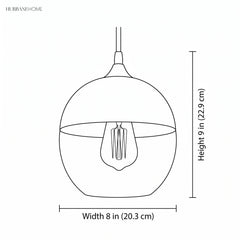 Line drawing of the globe pendant, height 9 in and width 8 in