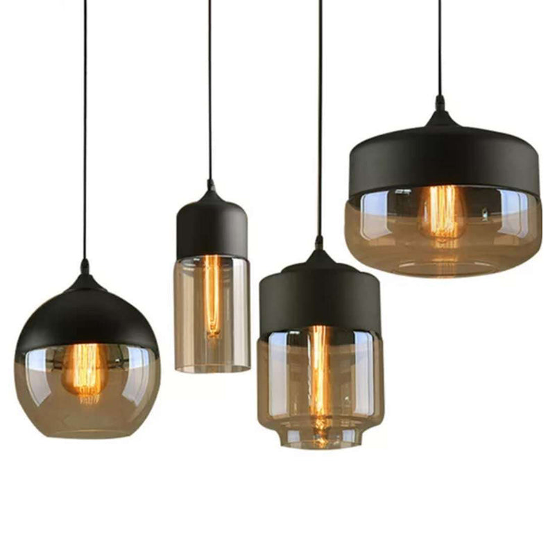 Four pendant shapes hanging together, globe, cylinder, lantern and drum