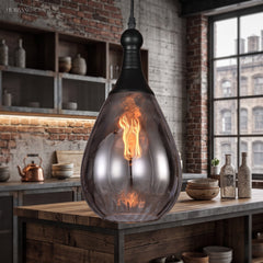 Smoke glass teardrop pendant above a kitchen bench and open shelves