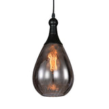Black capped teardrop pendant with a smoke grey dimpled shade