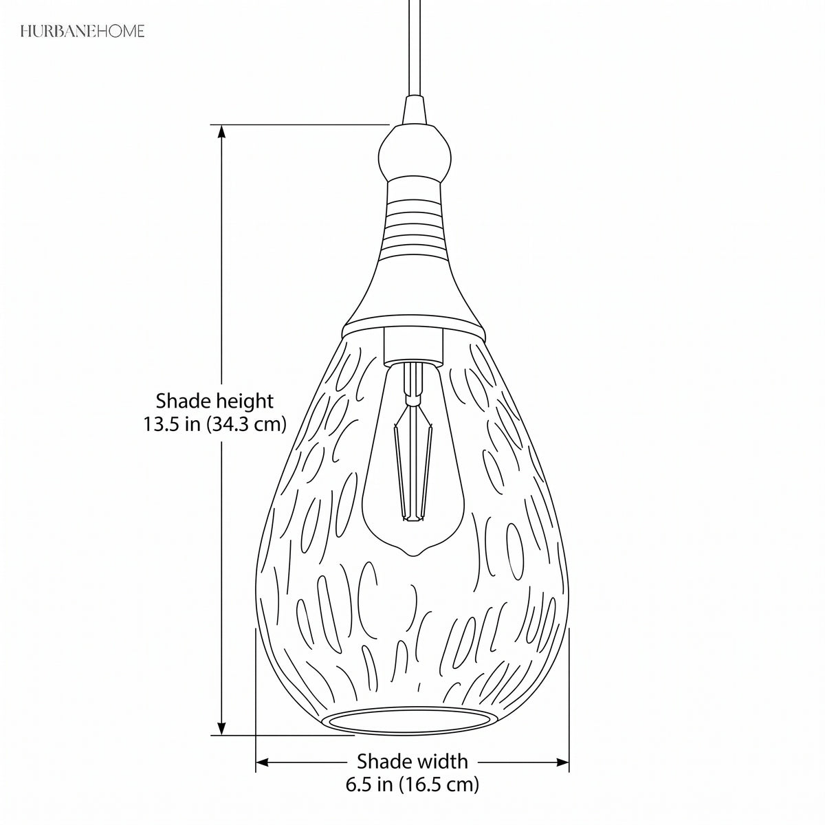 Line drawing of the pendant with shade height 13.5 in and width 6.5 in