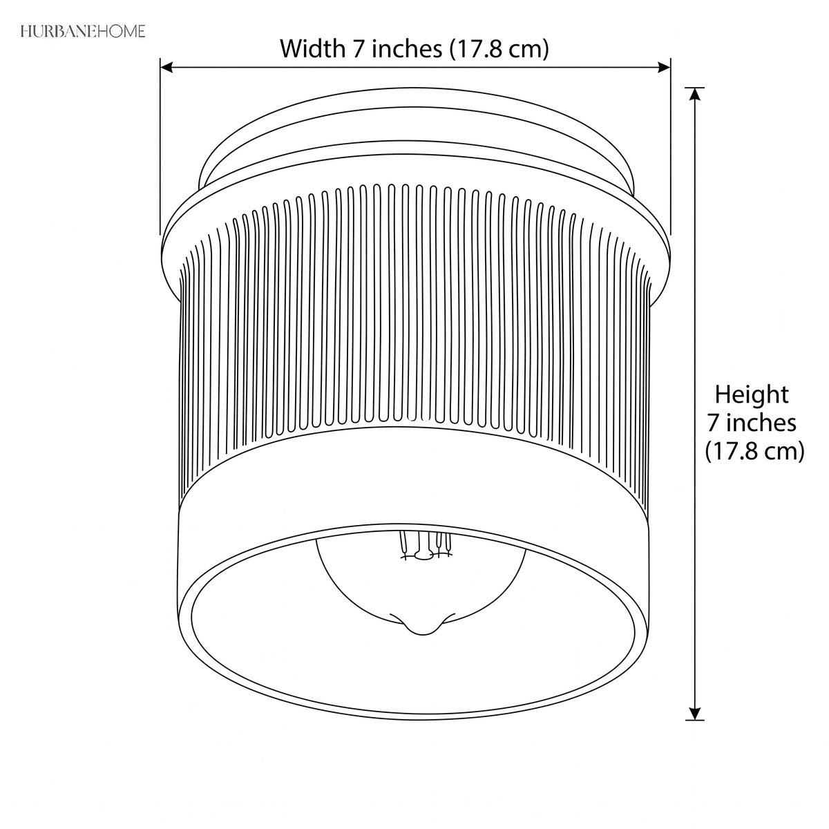 Diagram showing ceiling light width 7 inches and height 7 inches