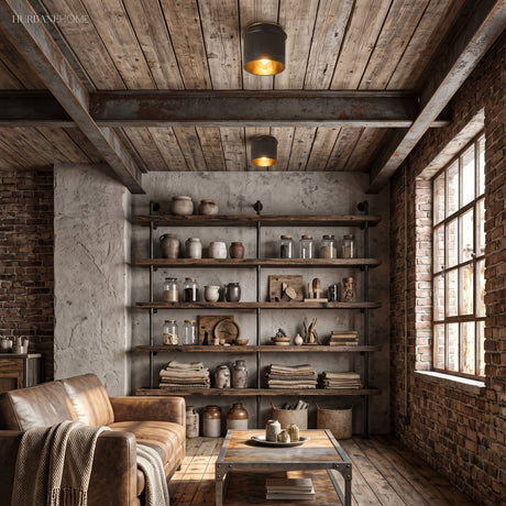 Ribbed metal ceiling lights on a beamed ceiling above a leather sofa