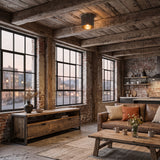 Industrial ceiling light on weathered timber beams in a brick loft