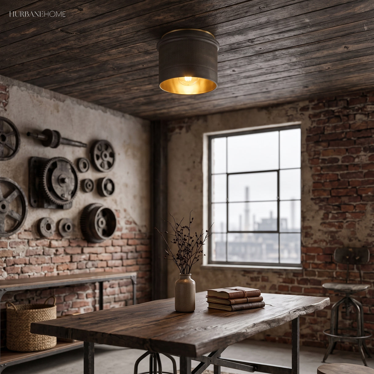 Weathered metal flush mount glowing above a reclaimed wood work table