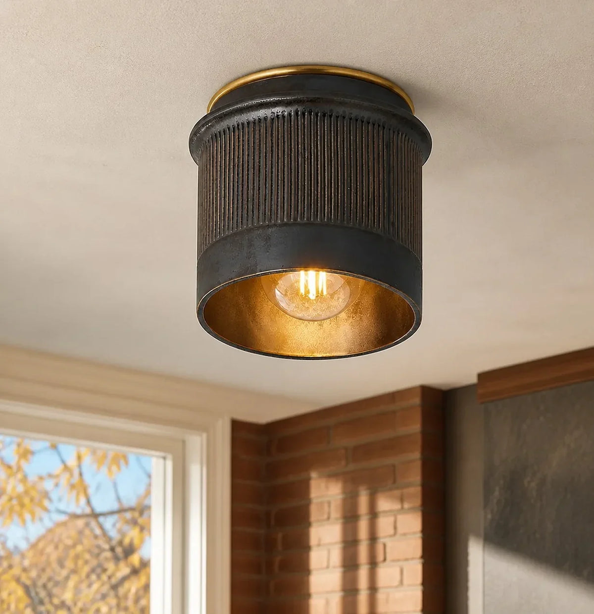 Industrial ribbed metal flush mount ceiling light alternative angle view 1