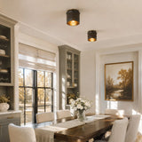 Industrial ribbed metal flush mount ceiling light close detail view 2