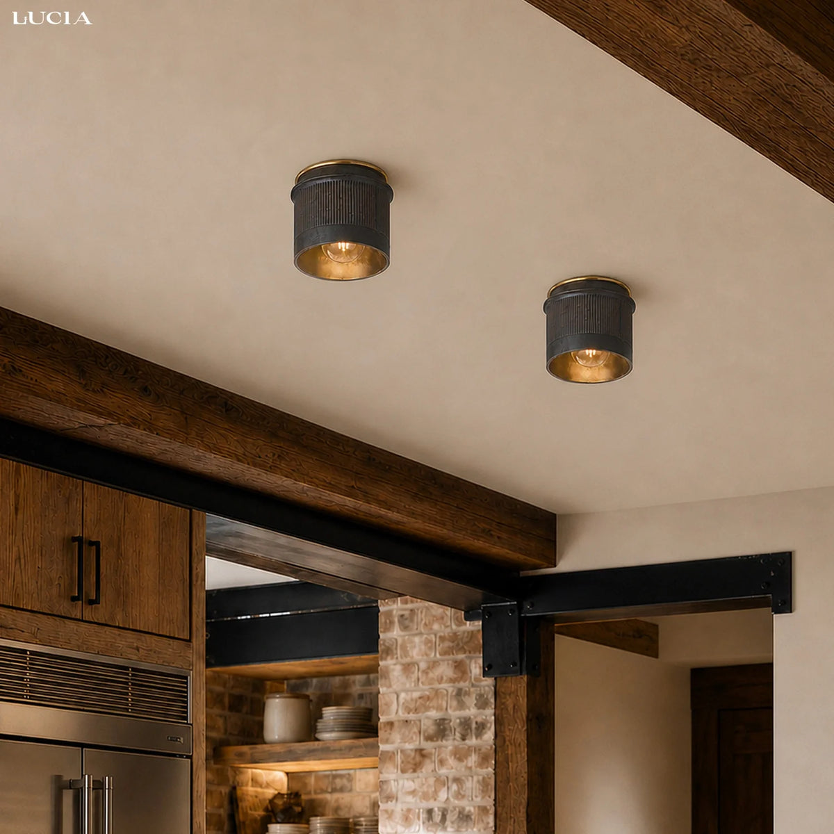 Industrial ribbed metal flush mount ceiling light alternative angle view 13