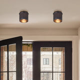 Industrial ribbed metal flush mount ceiling light close detail view 14