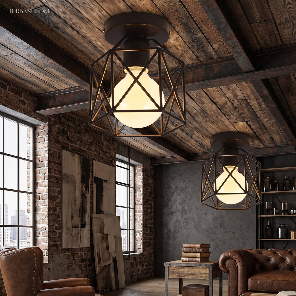 Two caged ceiling lights lit against a rustic timber beam ceiling