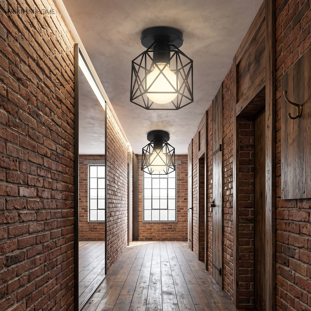Cage flush mount lights along a red brick corridor with wood flooring