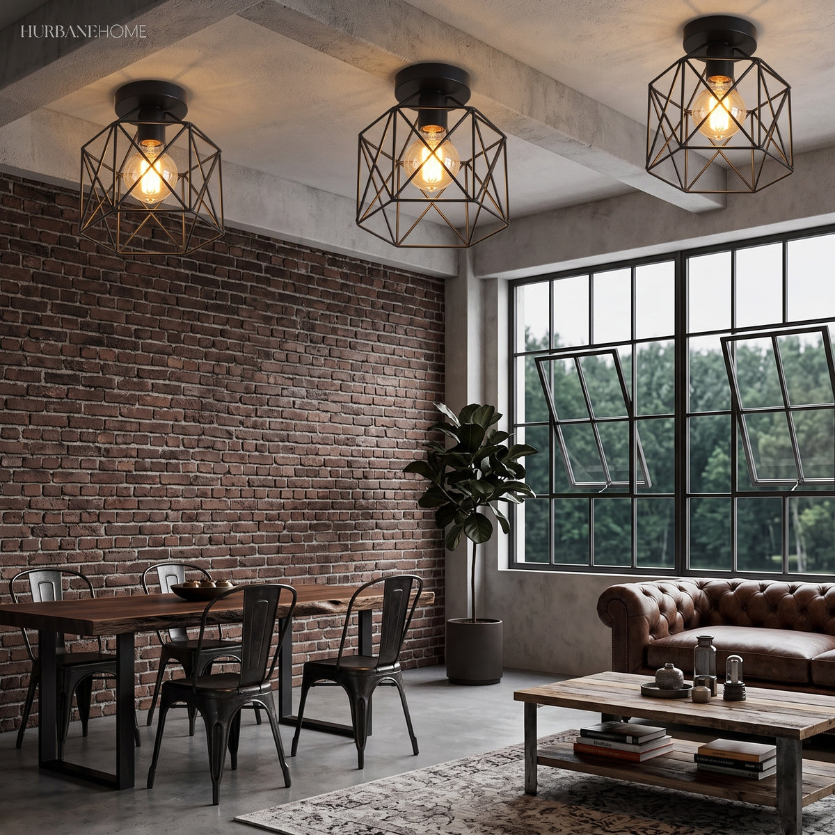 Three caged ceiling lights above a dining table and brick wall