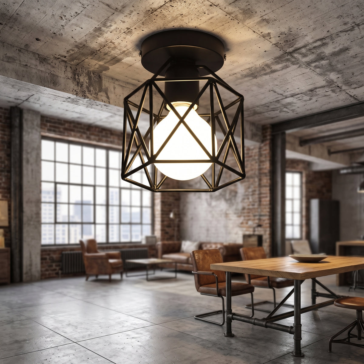 Black geometric cage ceiling light in an open plan industrial room