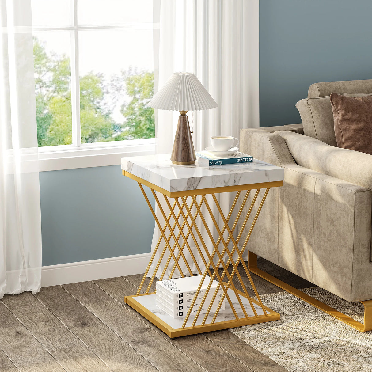 Tribesigns White Marble 2-Tier Square Side Tables with Gold Frame