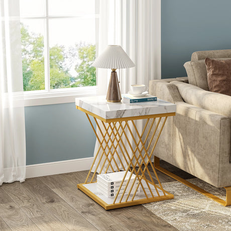 Tribesigns White Marble 2-Tier Square Side Tables with Gold Frame