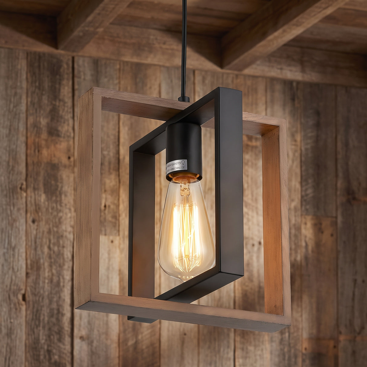 Open iron and wood cage pendant with an exposed filament bulb inside