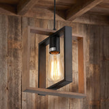 Open iron and wood cage pendant with an exposed filament bulb inside