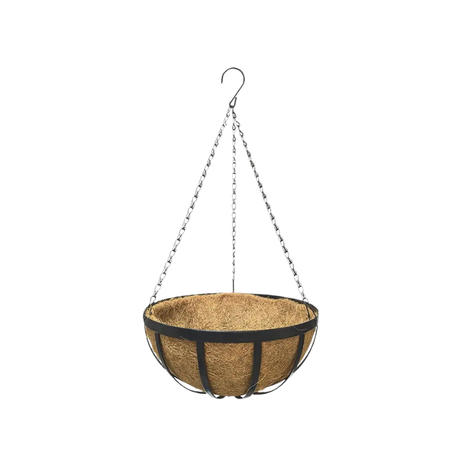 iron hanging plant holders supporting round basket planter
