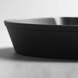 Iron nonstick frying pan showing seasoned cast iron surface