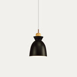 Grey dome pendant light shade with wood accent on a neutral backdrop