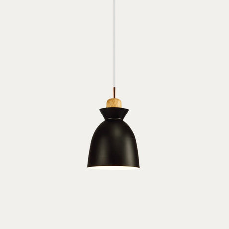Grey dome pendant light shade with wood accent on a neutral backdrop