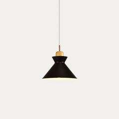 Green bell pendant shade with warm wood top and slim copper stem