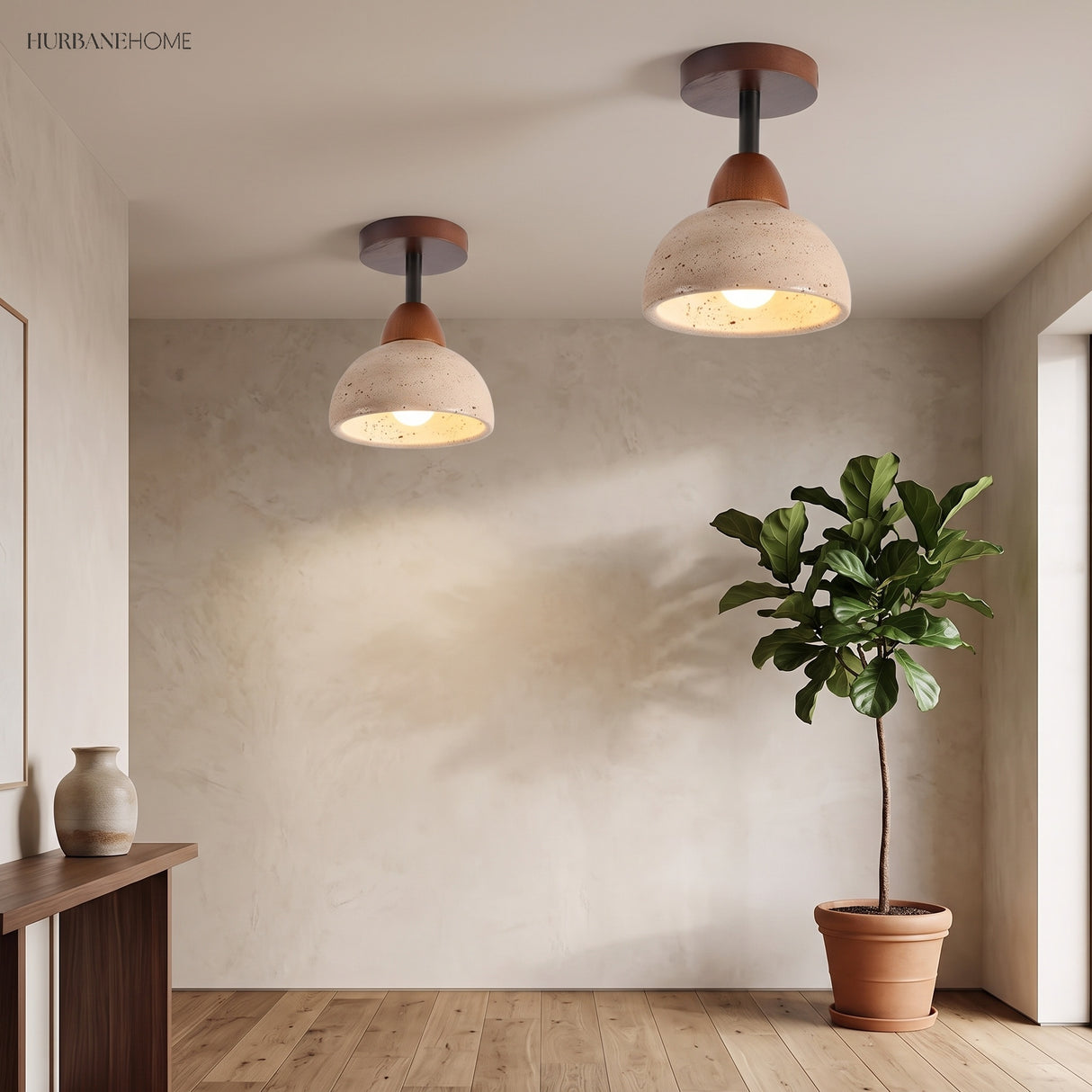 Two travertine dome ceiling lights showing the stone shade over an entryway