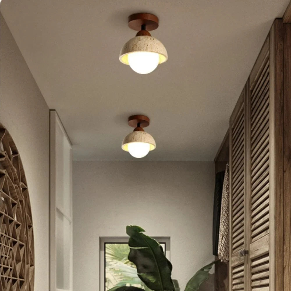 Japandi ceiling light with walnut wood collar detail